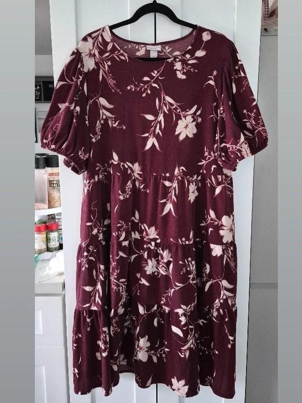 Ava & Viv Burgundy Floral Puff-Sleeve Tiered Midi Dress